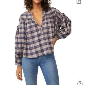 We The Free by Free People Plaid Peasant Blouse Medium